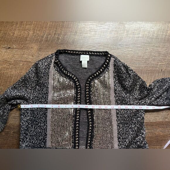 CHICO’S Black & Gold Metallic Sequin Shawnee open Cardigan Sweater Sz 0 EUC - Picture 11 of 14
